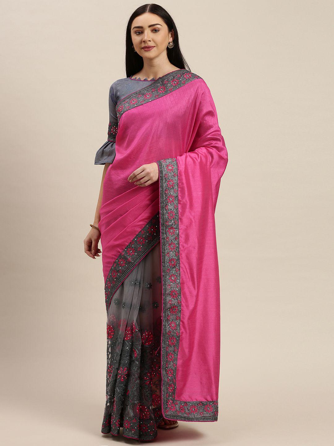 mitera pink & grey poly georgette embellished saree