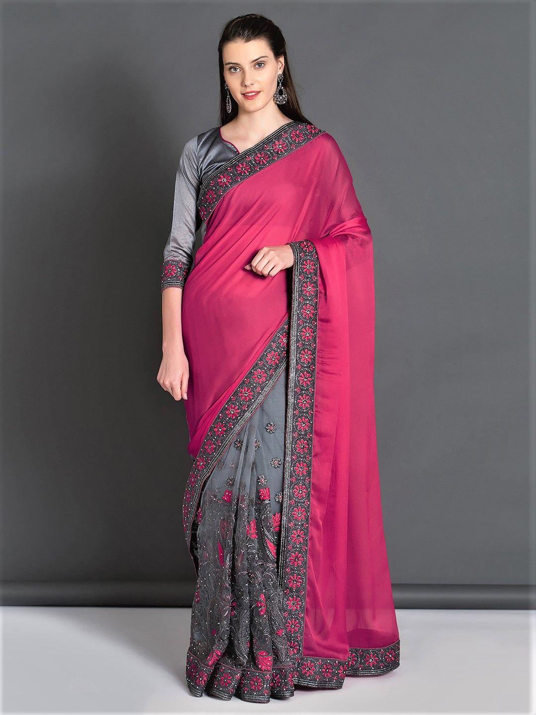 mitera pink & grey pure georgette embroidered saree