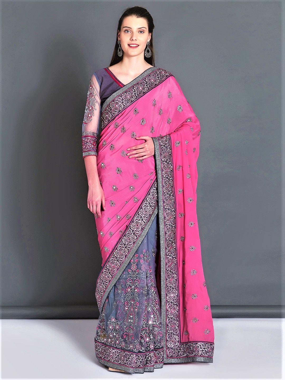 mitera pink & grey pure georgette embroidered saree