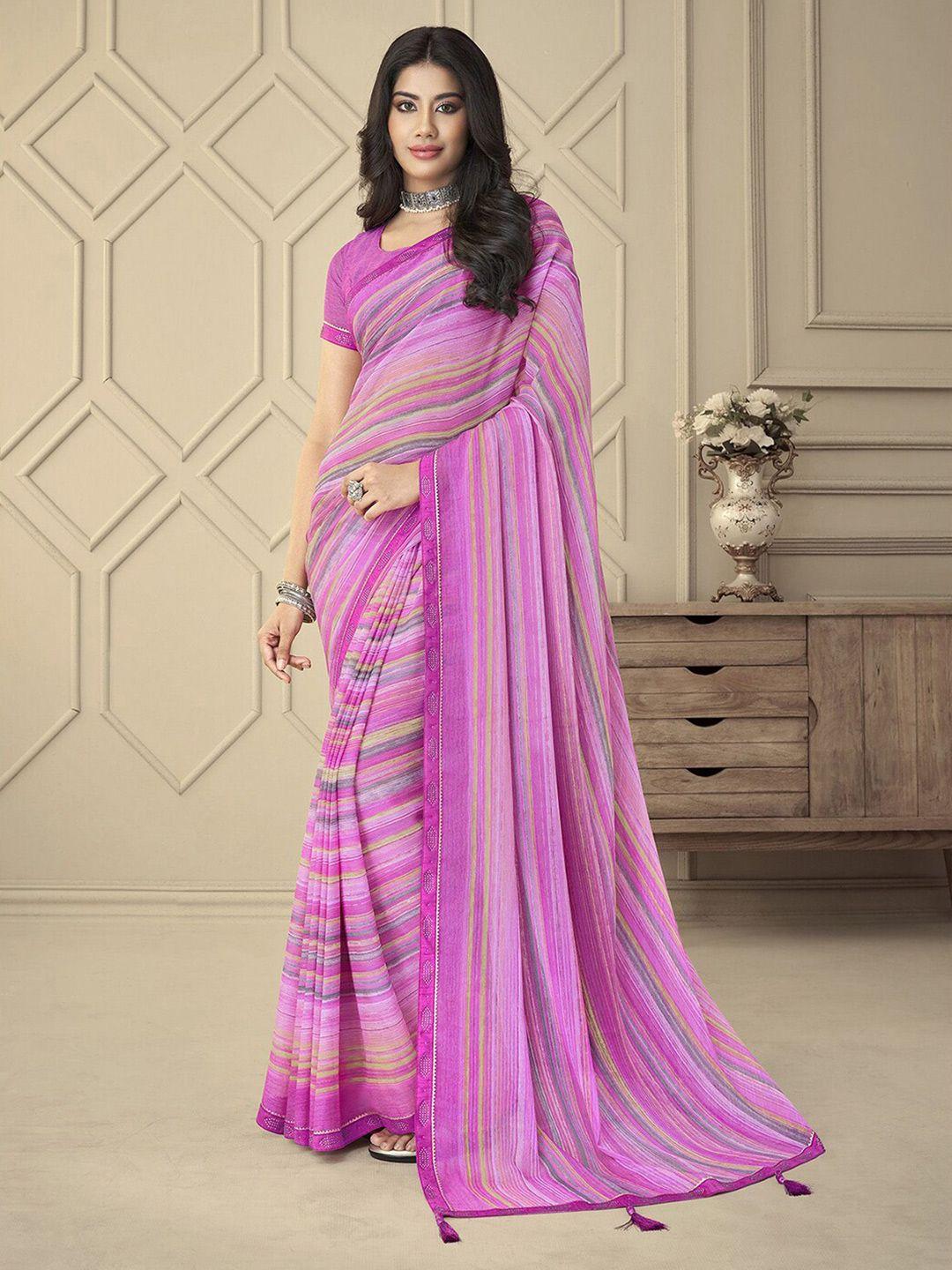 mitera pink & lime green striped beads and stones poly chiffon saree