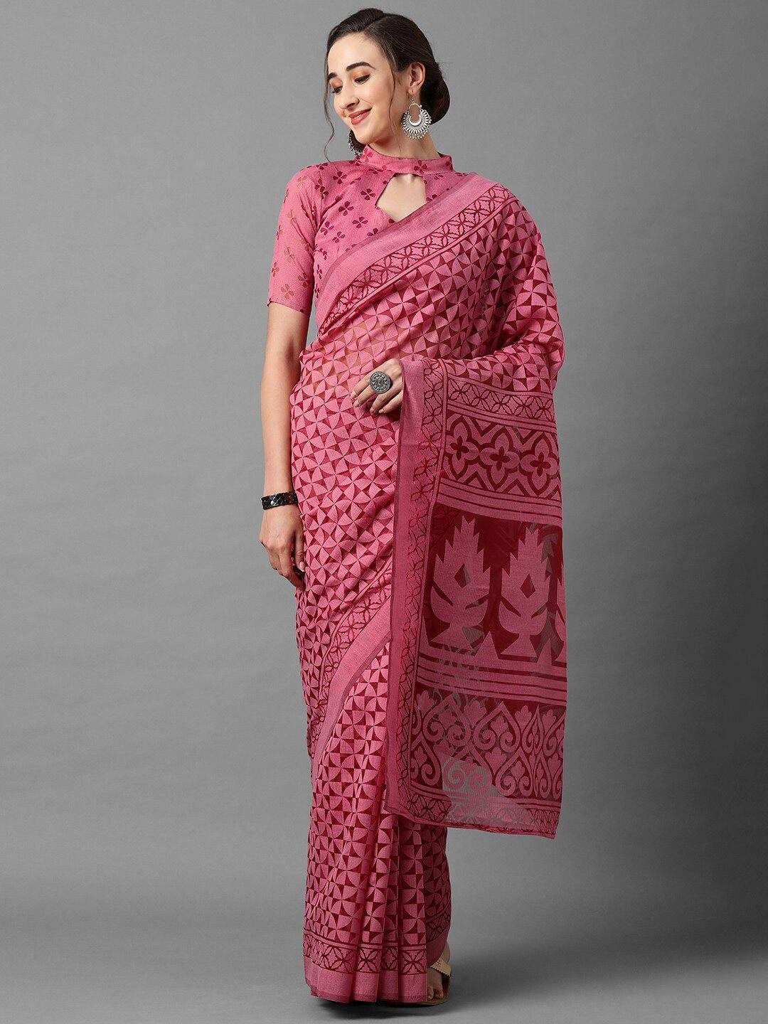 mitera pink & maroon geometric printed chanderi saree