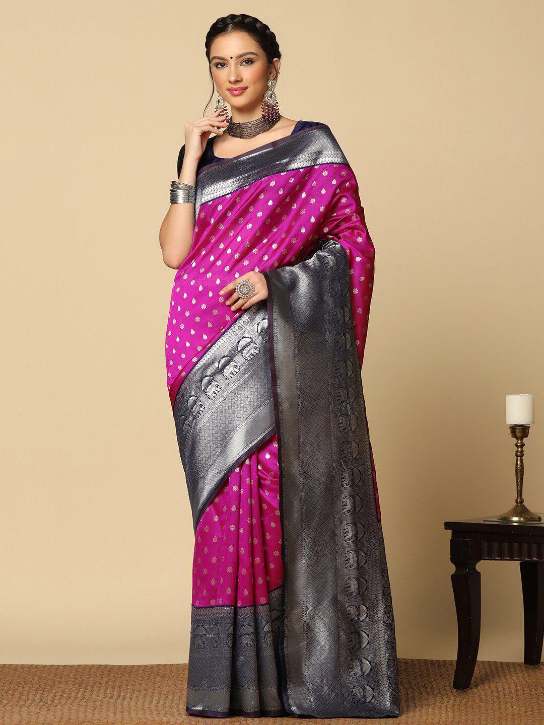 mitera pink & navy blue ethnic motif woven design banarasi saree