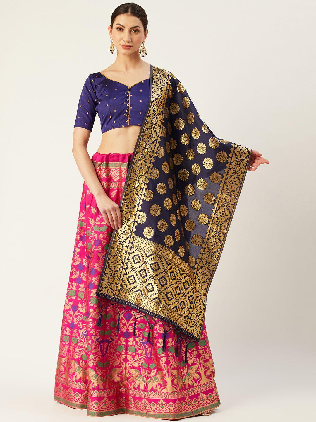 mitera pink & navy blue woven design semi-stitched lehenga & unstitched blouse with dupatta