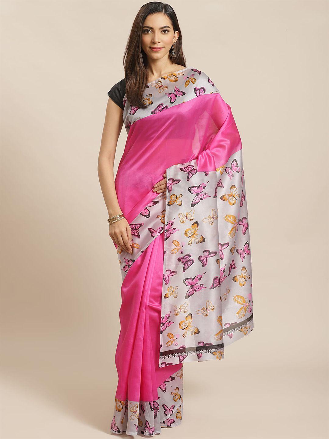 mitera pink & off white abstract printed saree