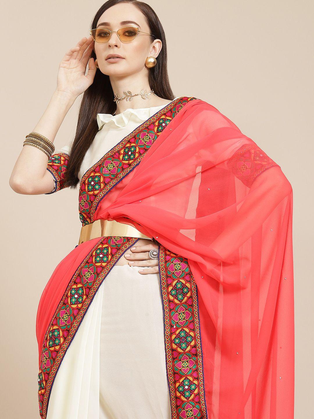 mitera pink & off white ethnic motifs embroidered pure georgette saree