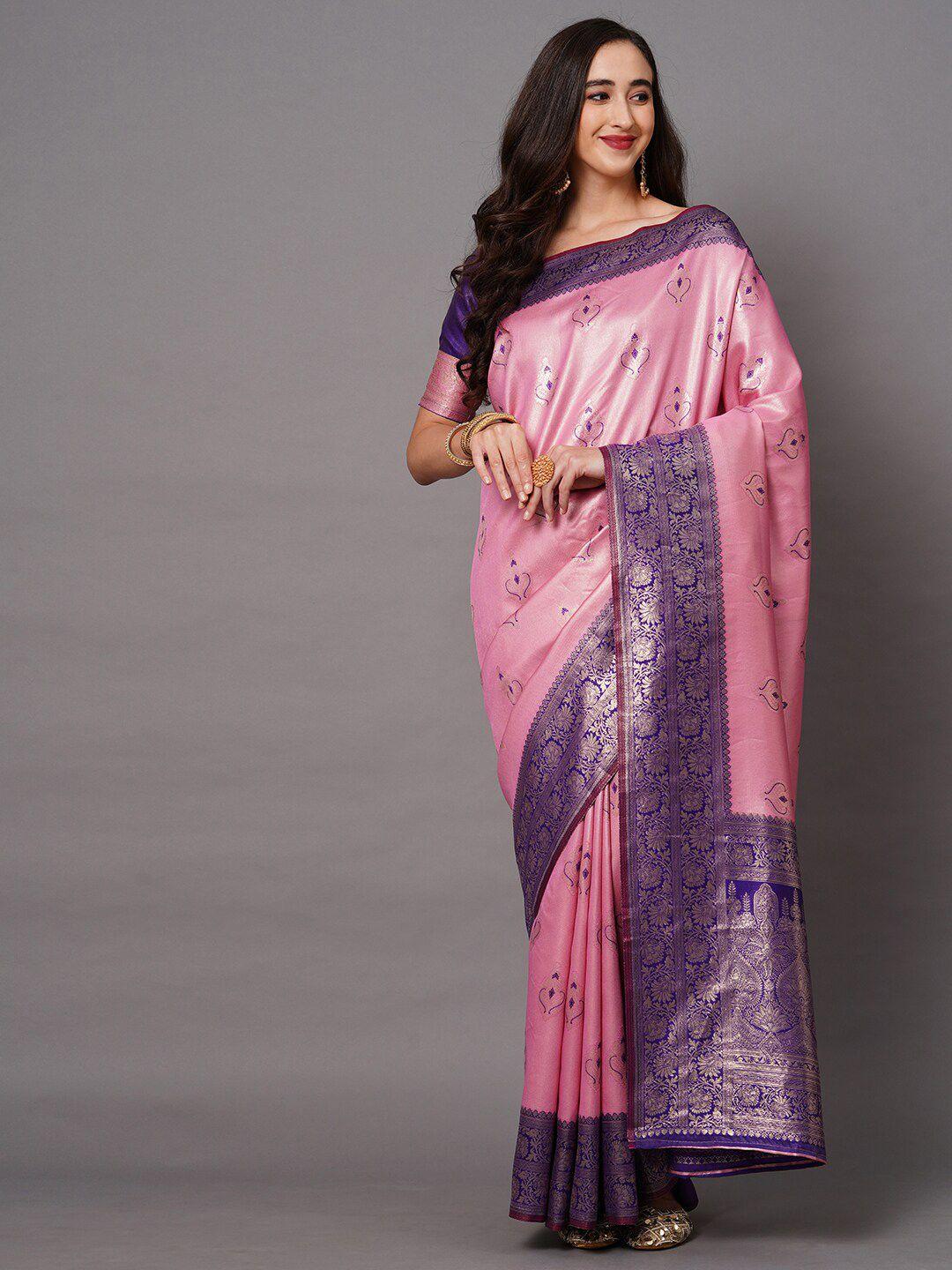 mitera pink & purple floral zari banarasi saree