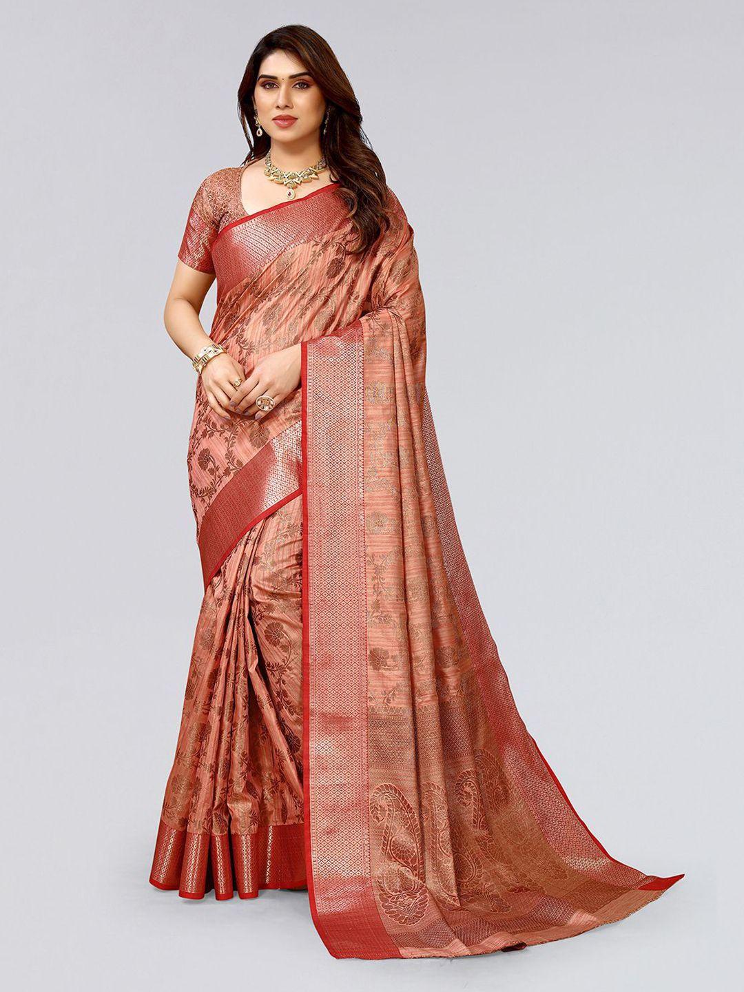 mitera pink & red floral zari art silk saree with blouse piece