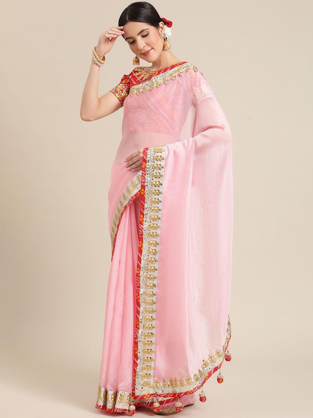 mitera pink & red organza silk blend ethnic embroidered party saree