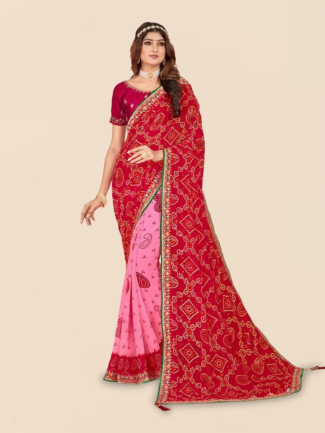 mitera pink & red printed bandhani saree