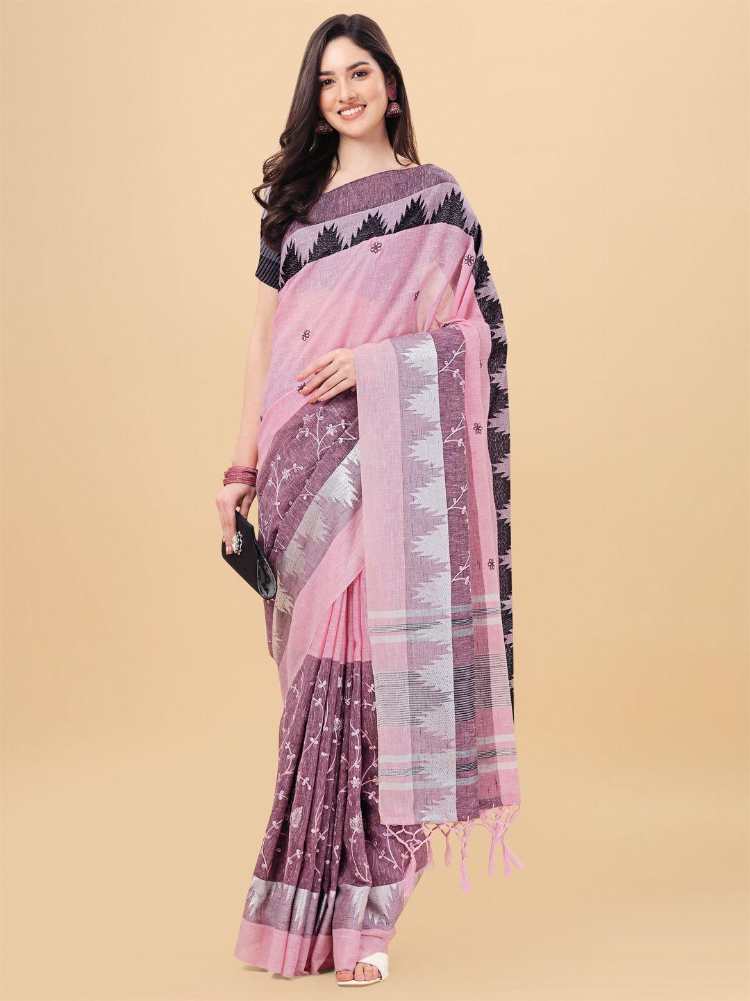 mitera pink & silver-toned floral pure linen banarasi saree