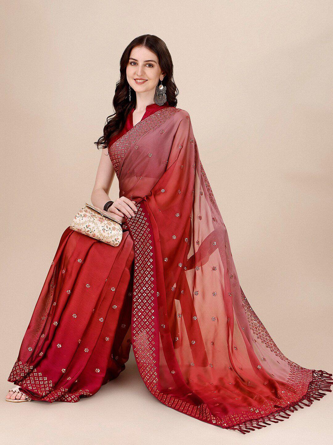 mitera pink & silver-toned floral sequinned silk blend saree