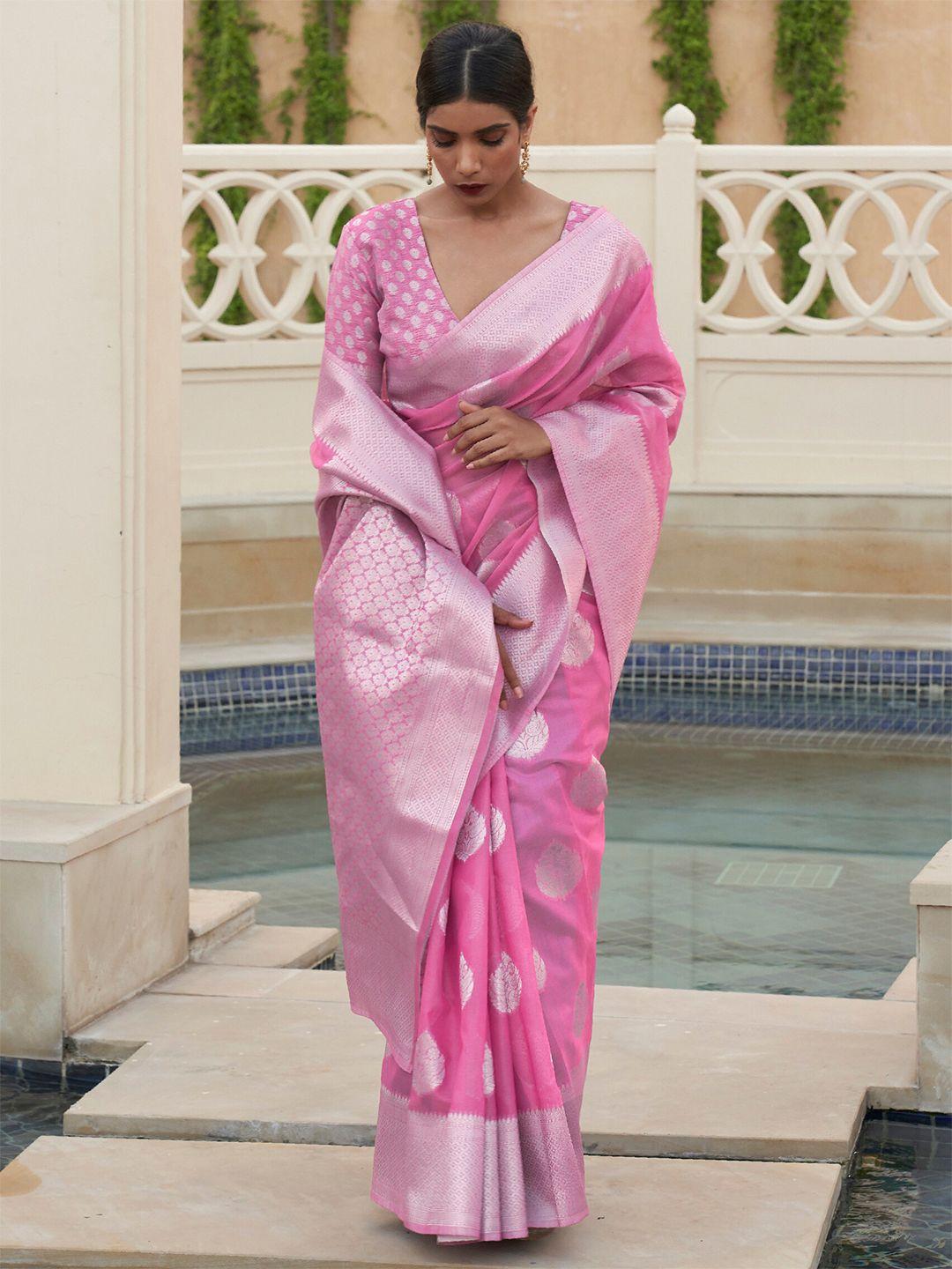 mitera pink & silver-toned woven design pure linen banarasi saree