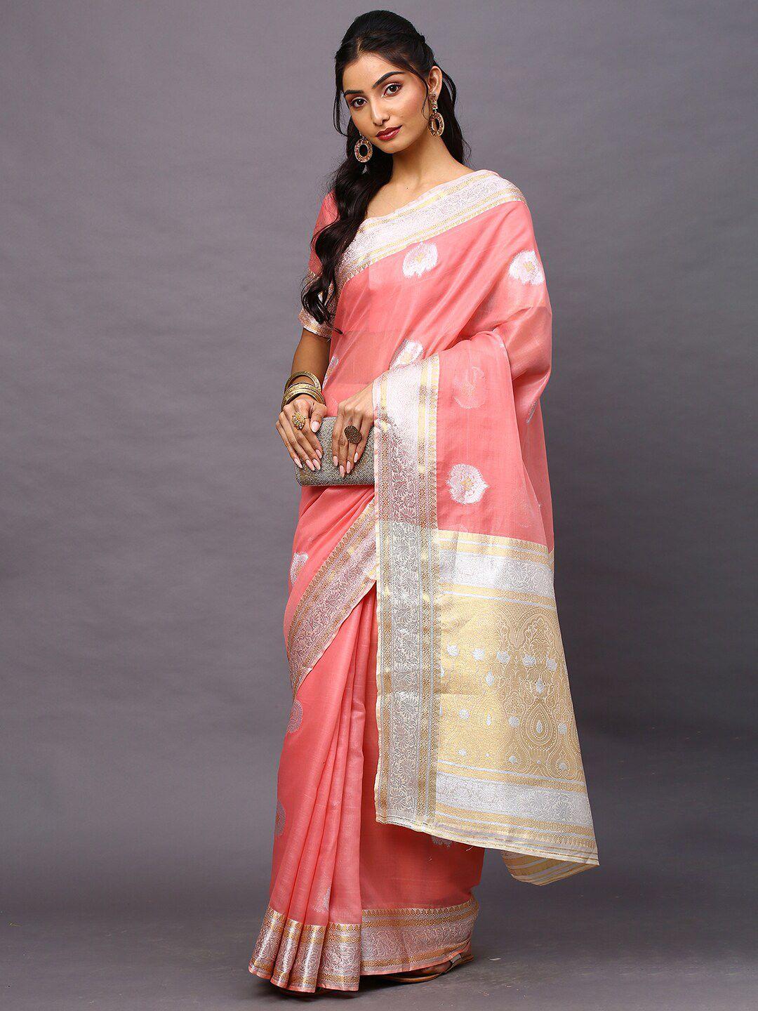 mitera pink & silver-toned woven design zari silk cotton banarasi saree