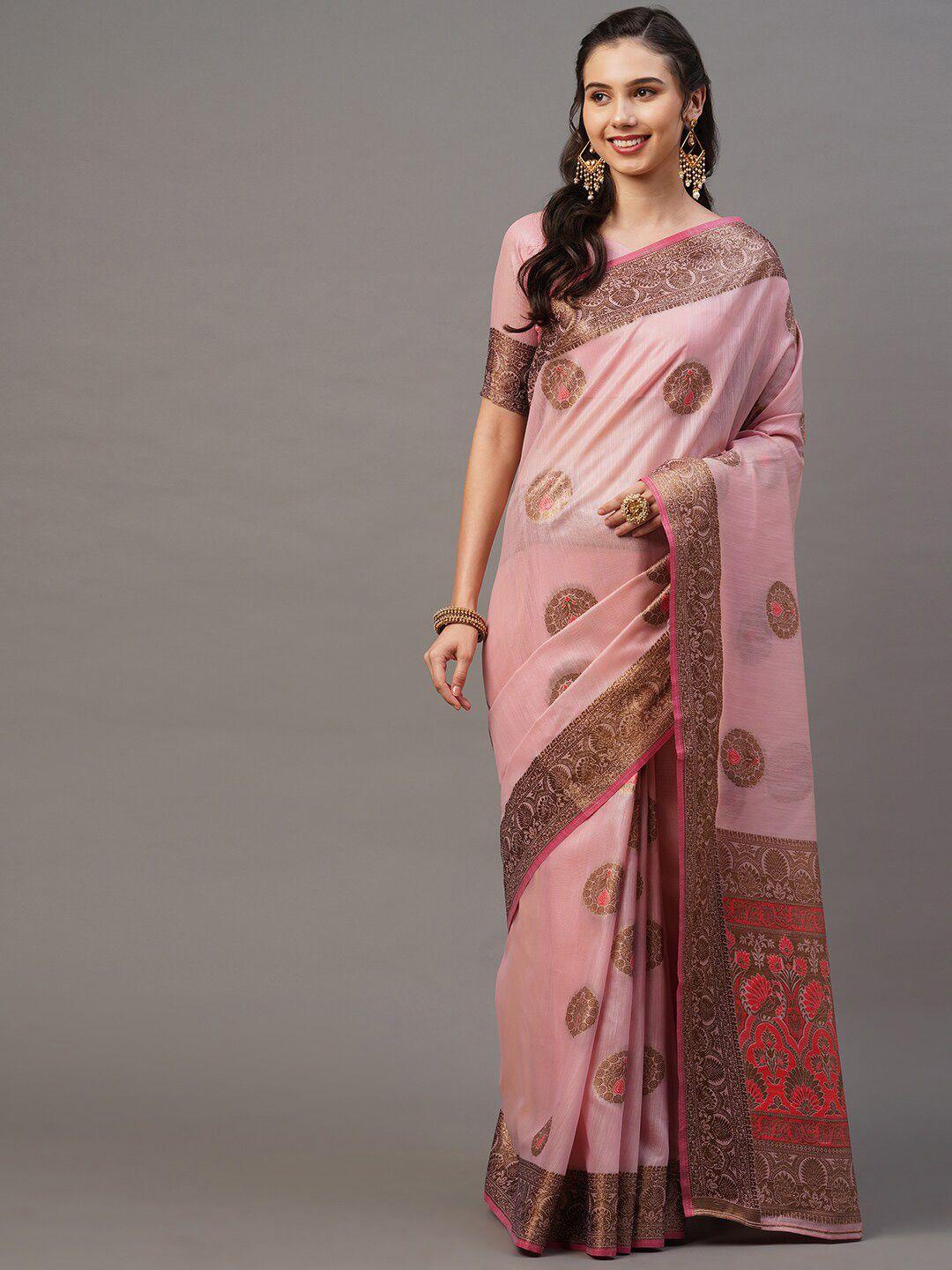 mitera pink & tan ethnic motifs silk blend banarasi saree