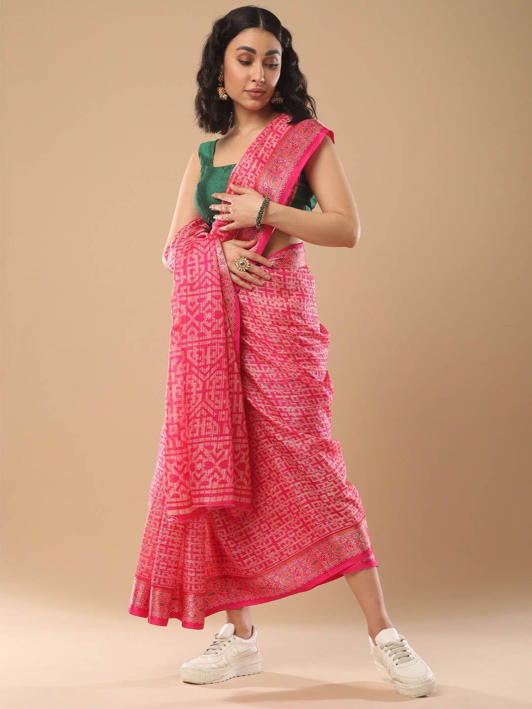 mitera pink & white bagru saree