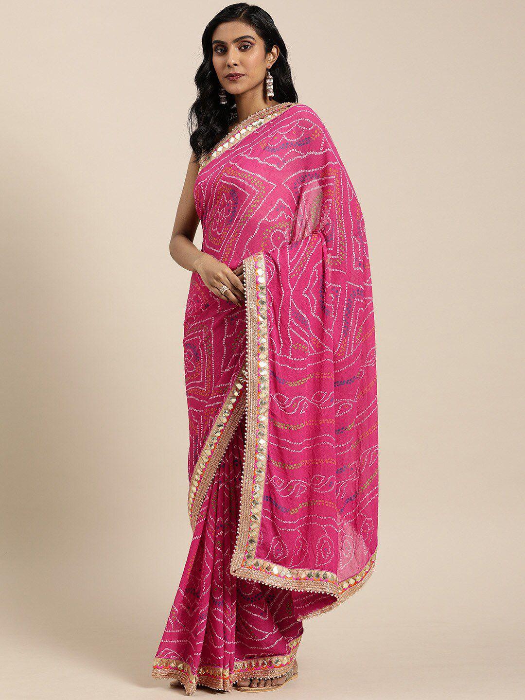 mitera pink & white bandhani print georgette saree