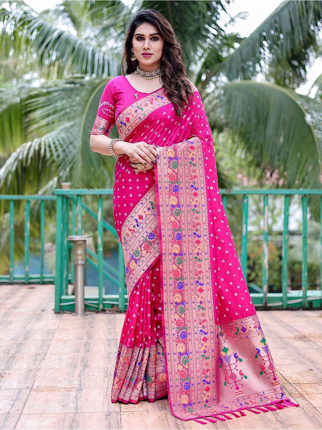 mitera pink & white bandhani printed zari paithani saree