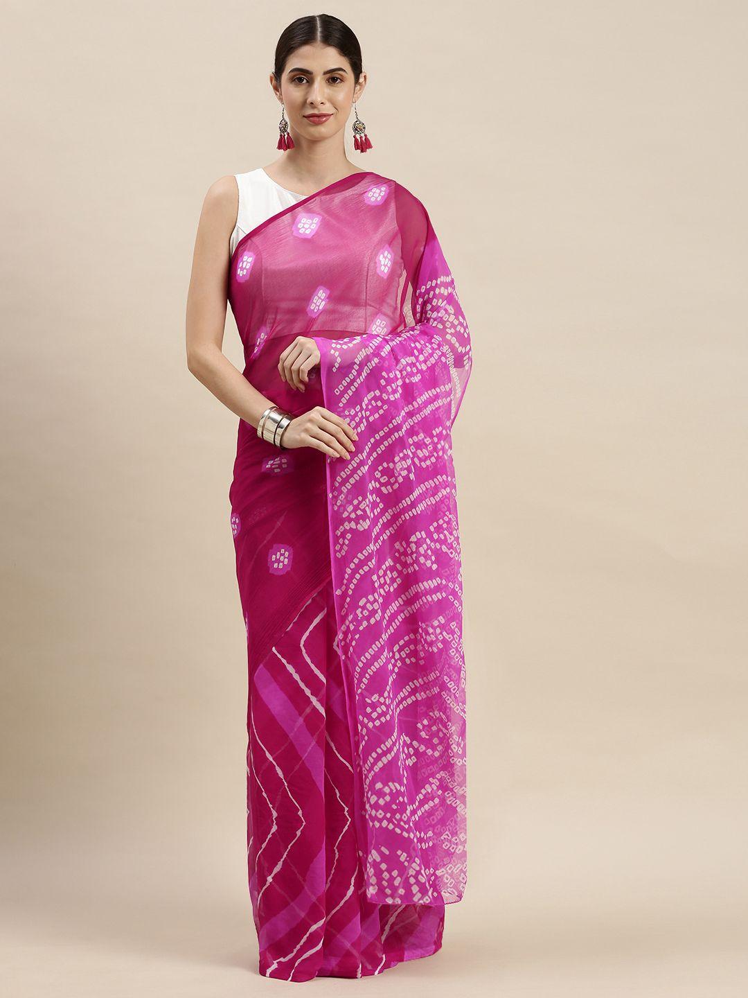 mitera pink & white bandhani saree