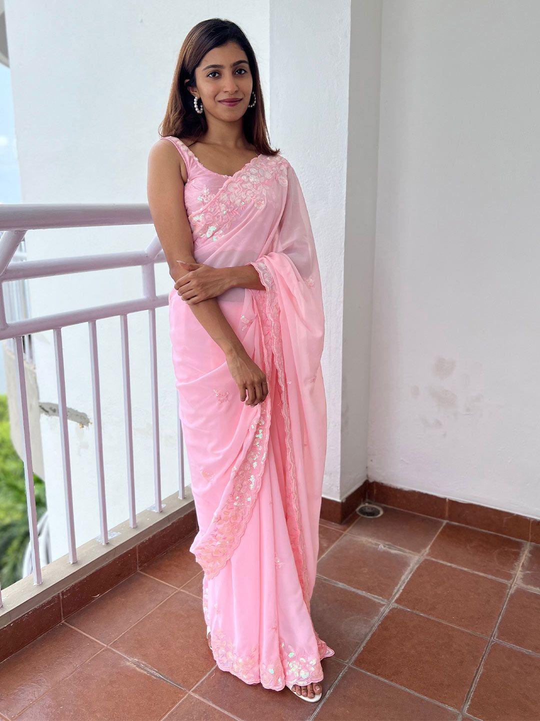 mitera pink & white sequinned embellished saree