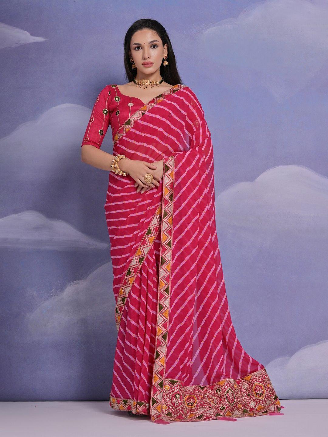 mitera pink & white striped embroidered pure georgette saree