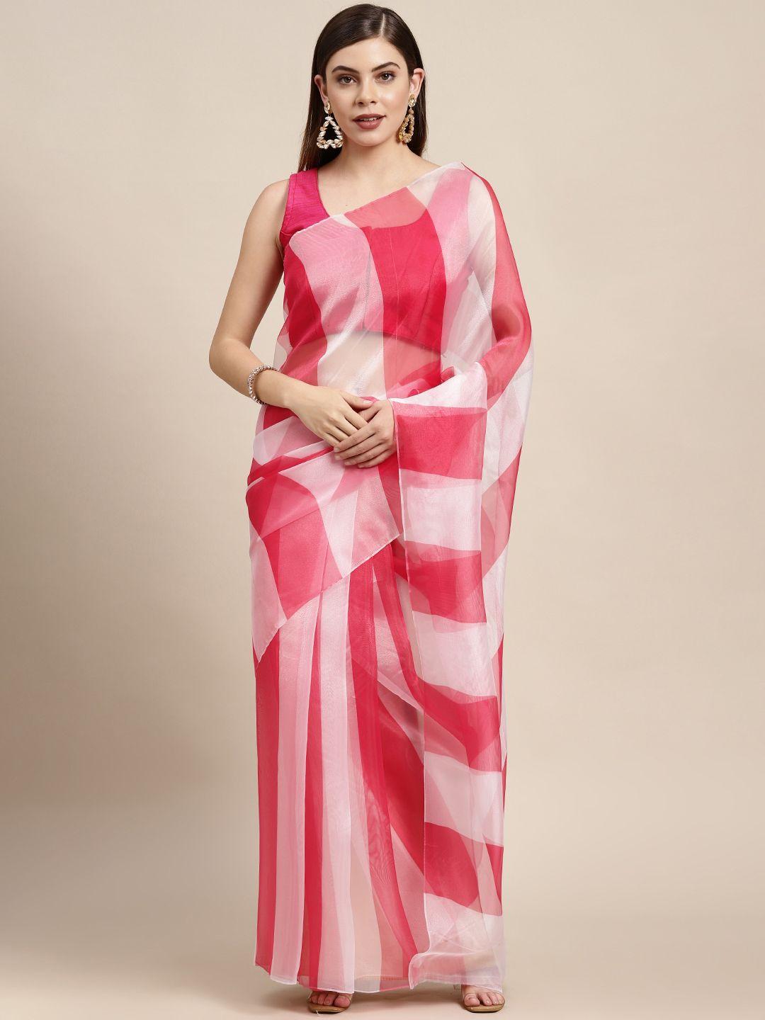 mitera pink & white striped organza saree