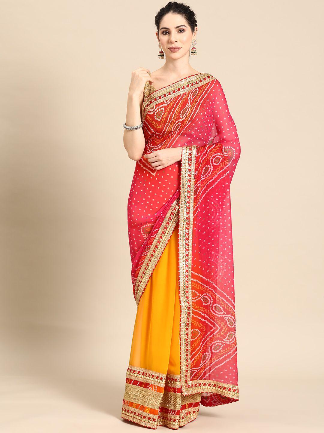 mitera pink & yellow bandhani embroidered poly georgette designer bandhani saree