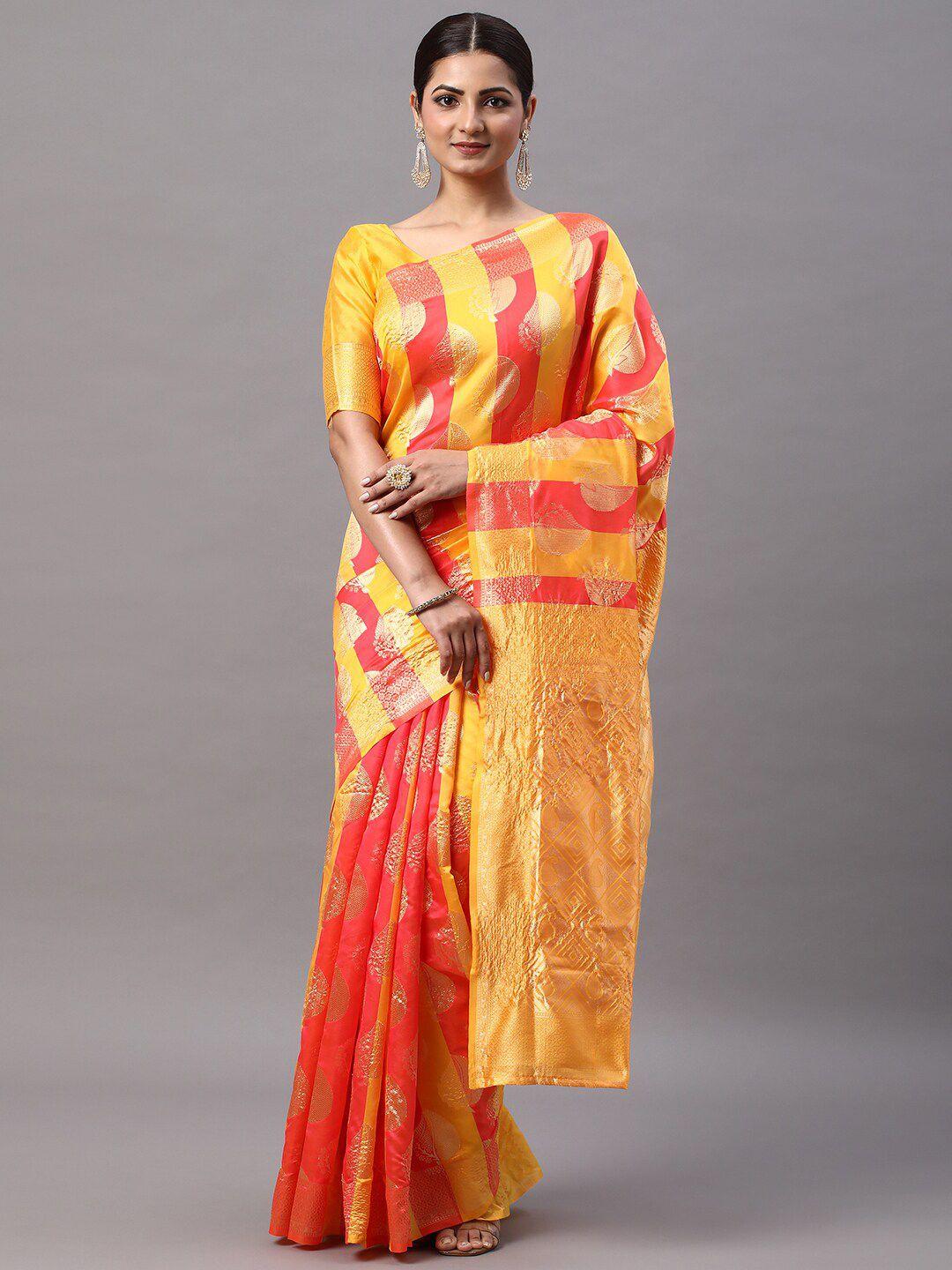 mitera pink & yellow ethnic motifs woven design zari silk blend kanjeevaram saree