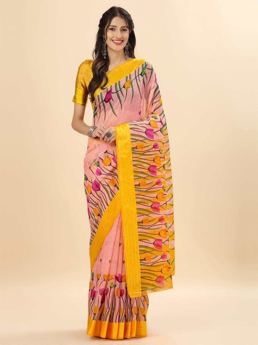 mitera pink & yellow floral zari pure cotton banarasi saree