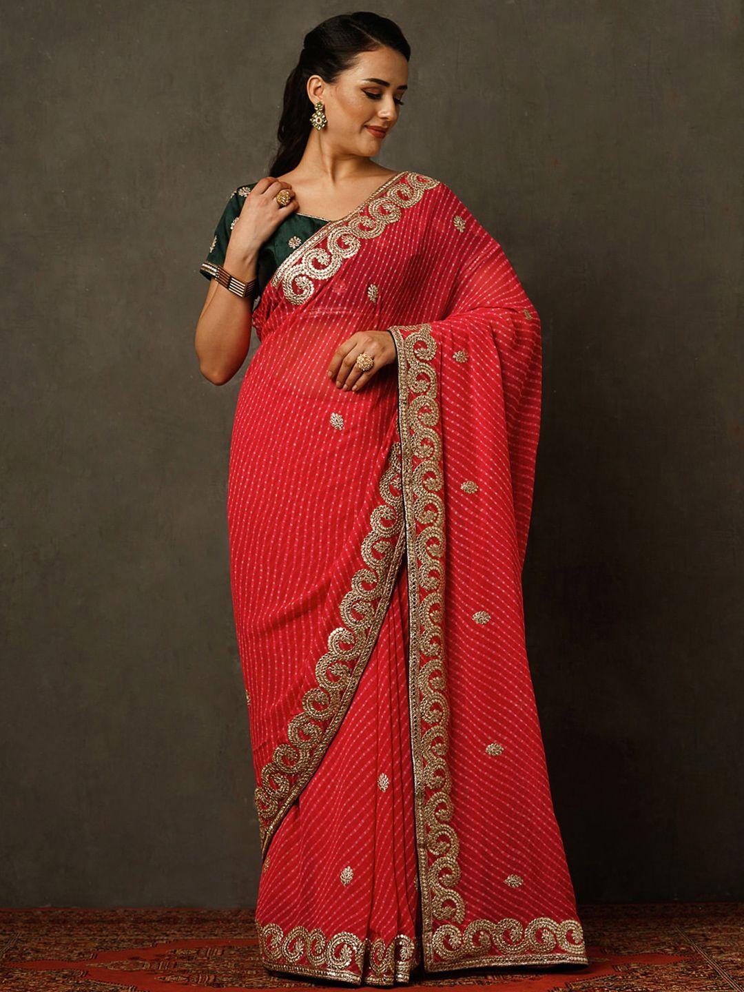 mitera pink abstract printed embroidered pure georgette saree