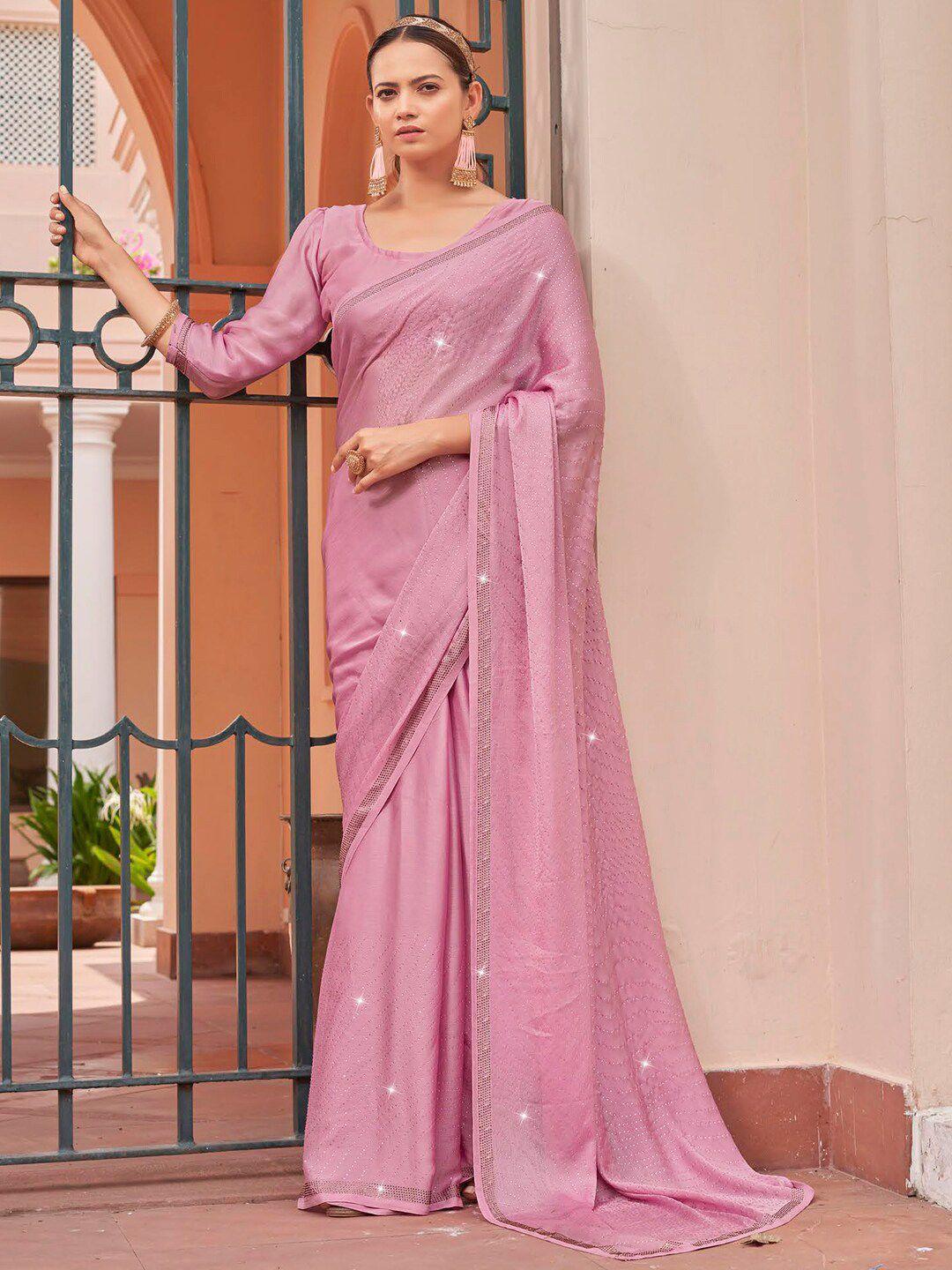 mitera pink embellished beads and stones satin designer saree