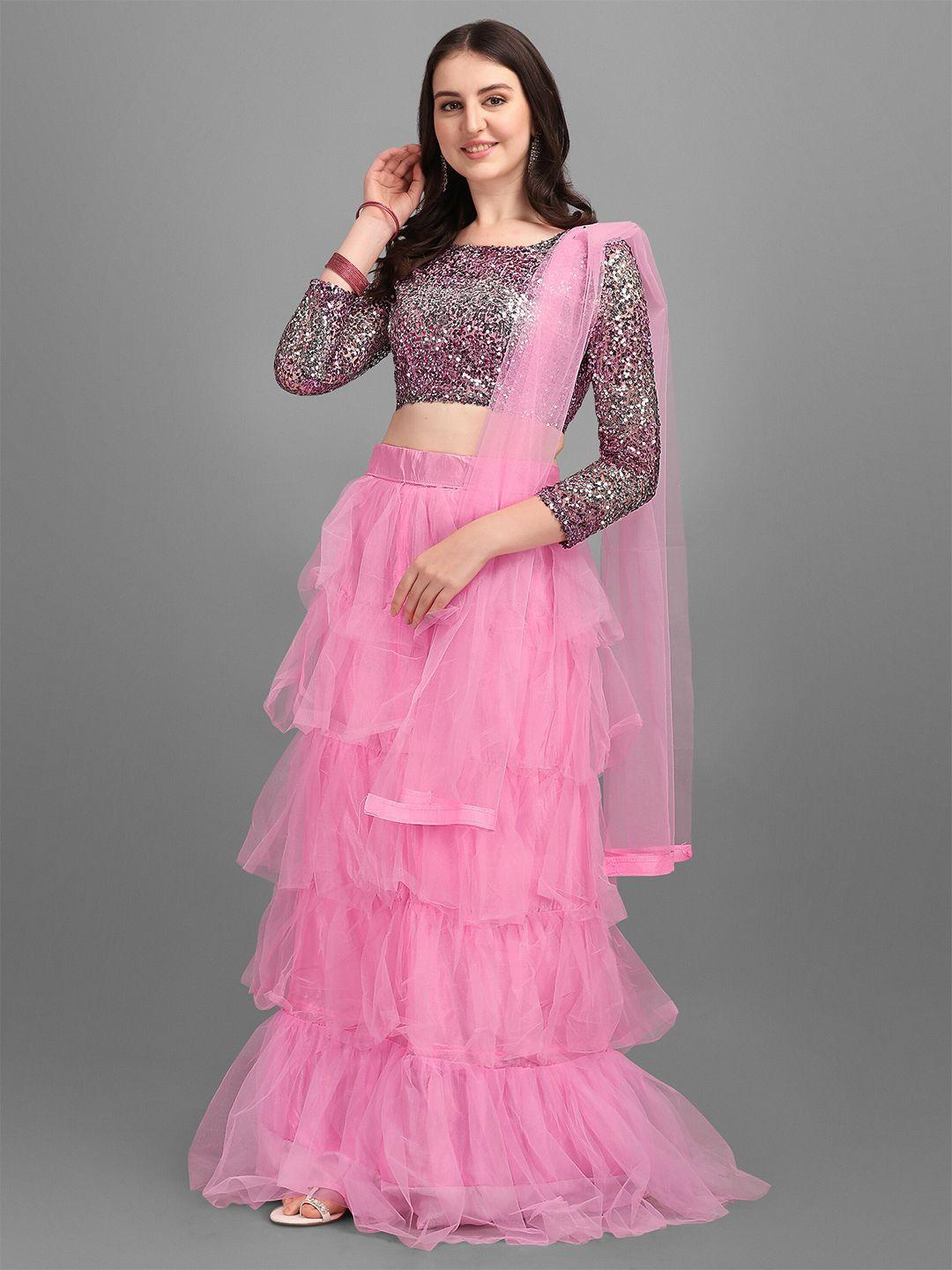 mitera pink embellished sequinned semi-stitched lehenga & unstitched blouse with dupatta