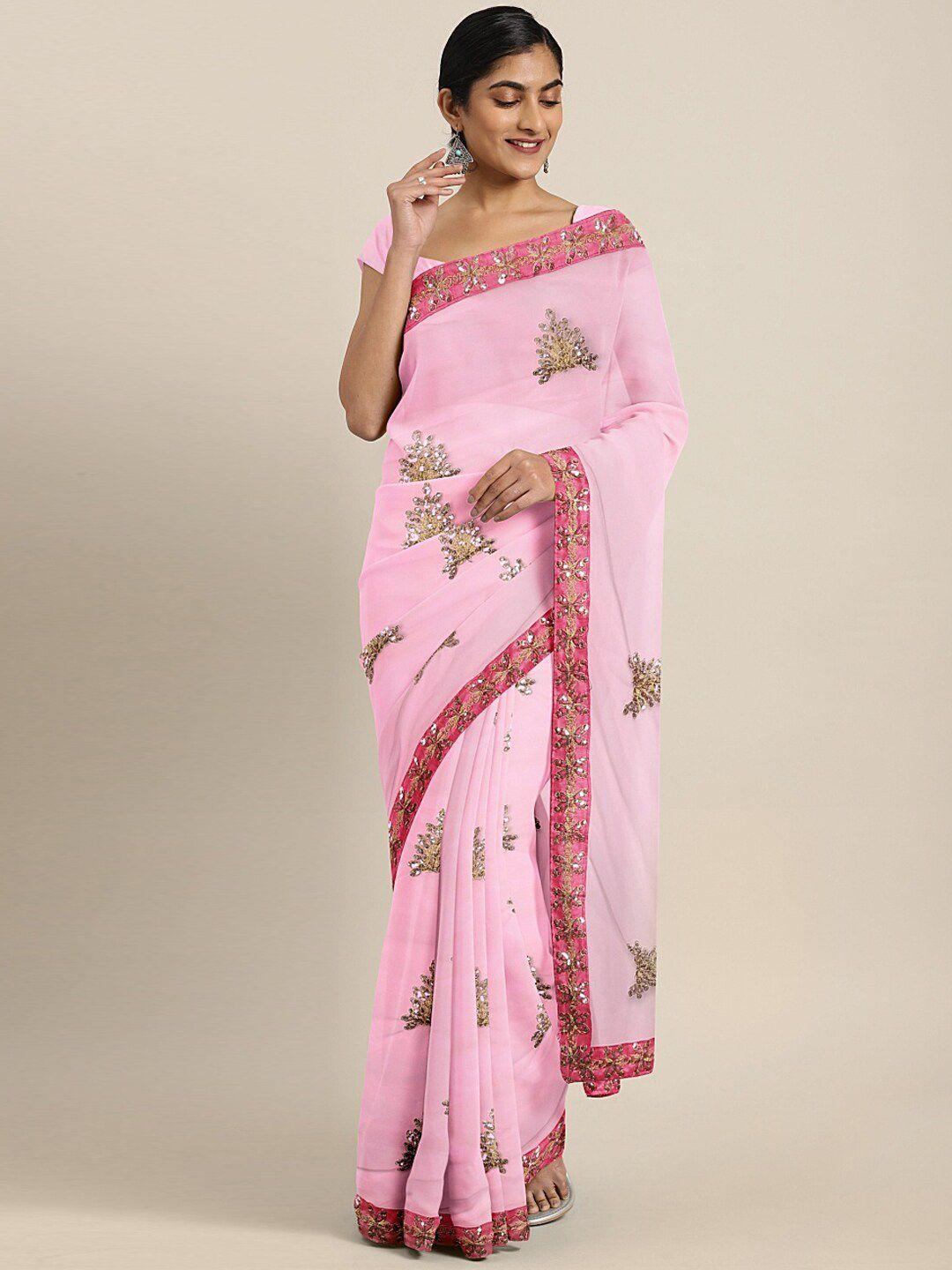 mitera pink ethnic motifs beads and stones poly georgette saree