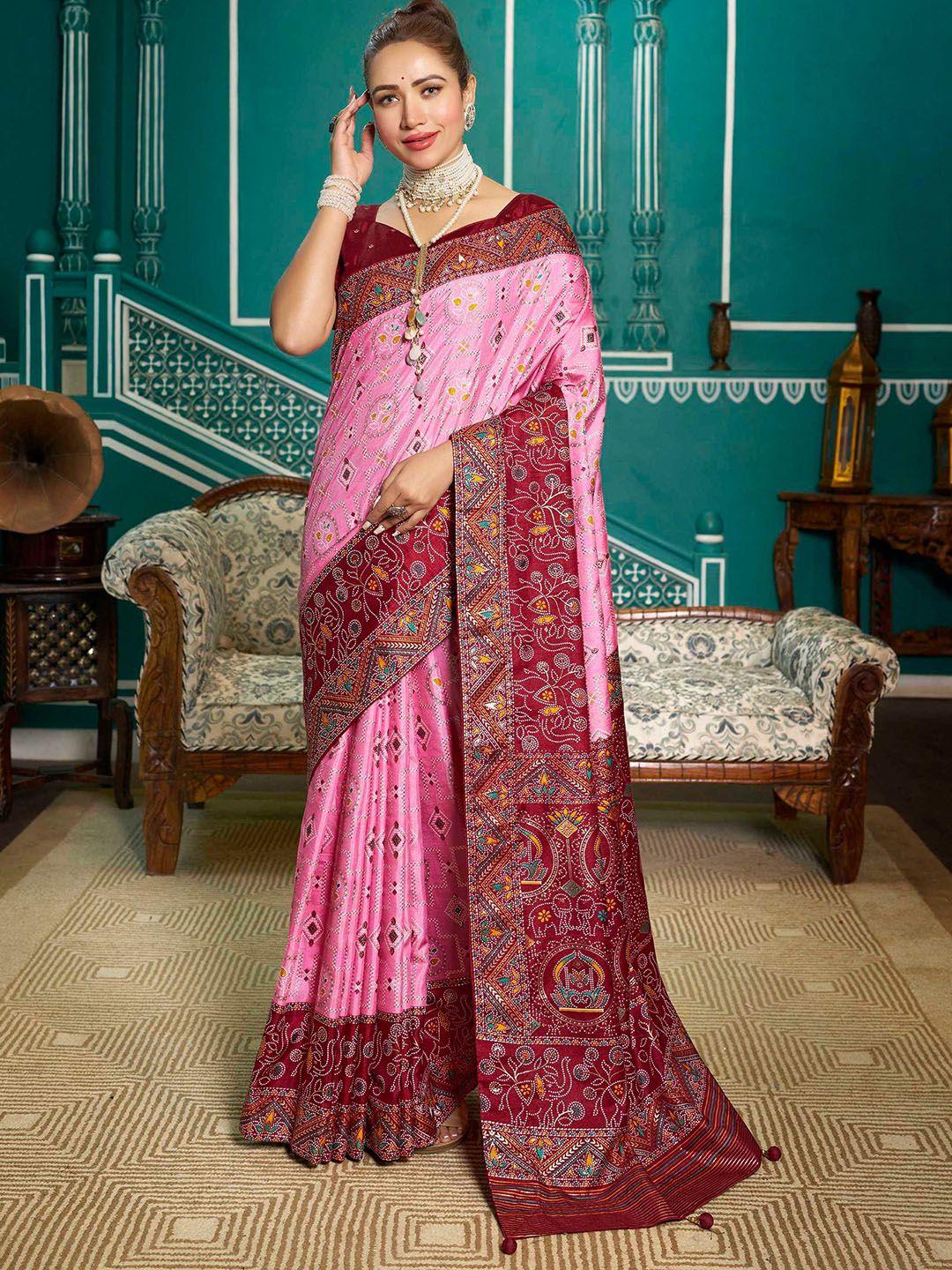 mitera pink ethnic motifs printed banarasi saree