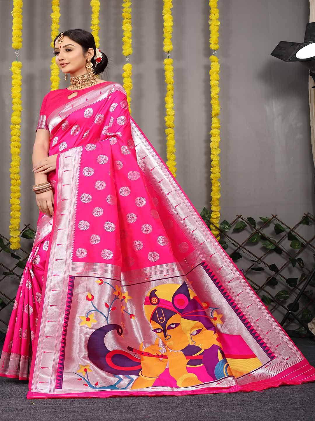 mitera pink ethnic motifs woven design art silk saree