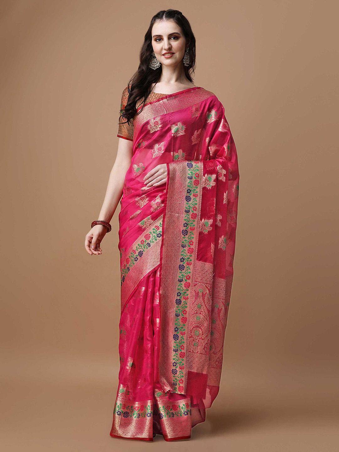 mitera pink ethnic motifs zari organza saree