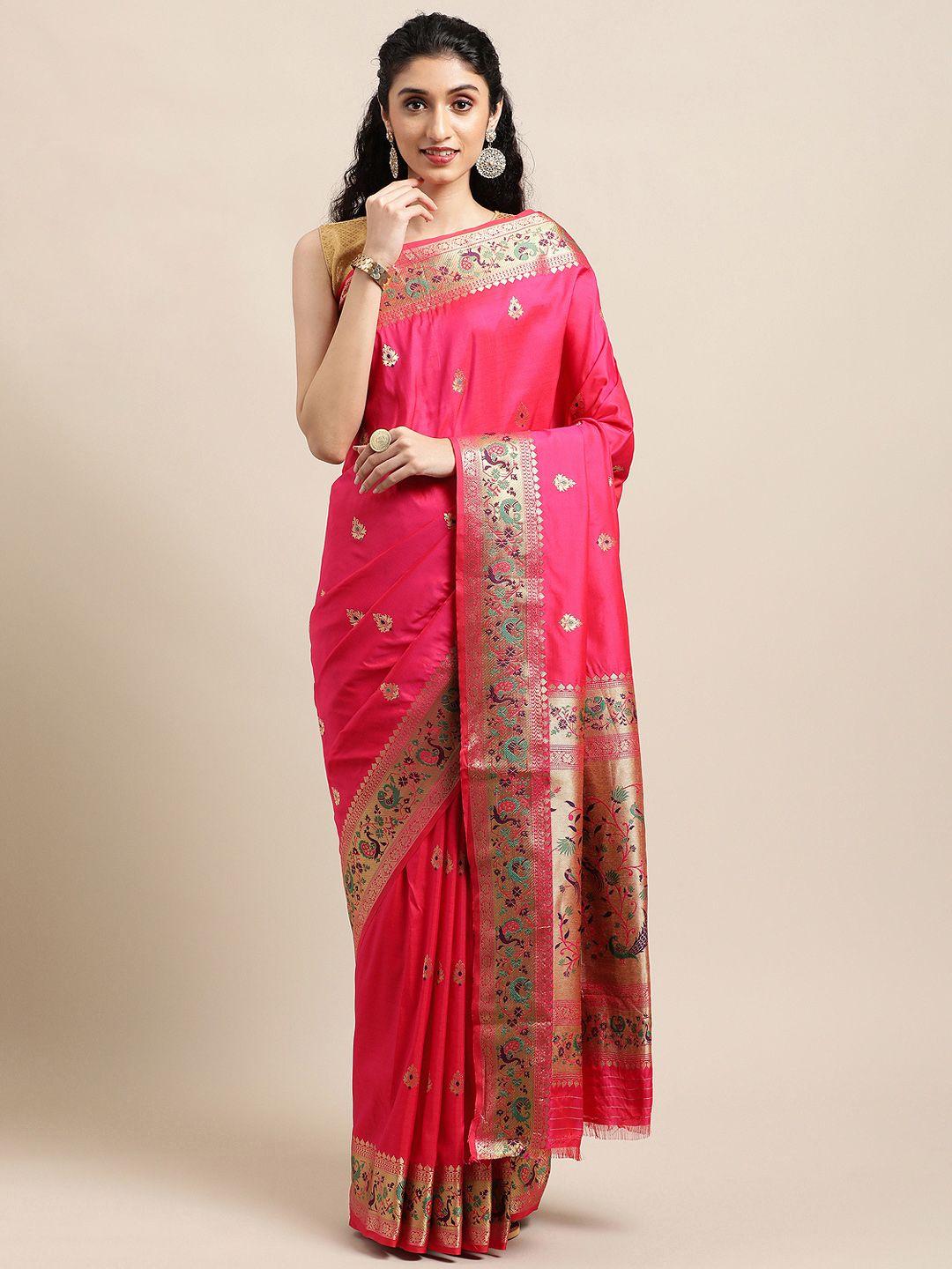 mitera pink ethnic motifs zari silk blend paithani saree