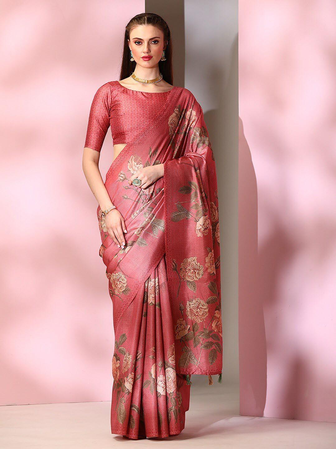 mitera pink floral printed bagru saree