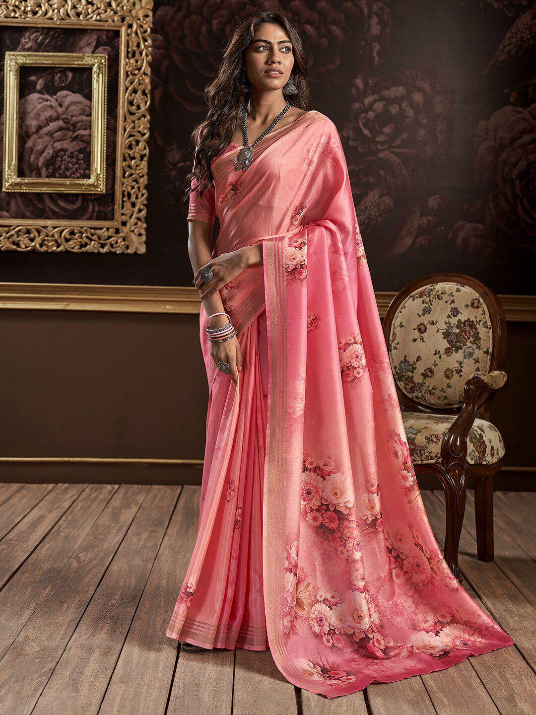 mitera pink floral printed zari silk cotton block print saree