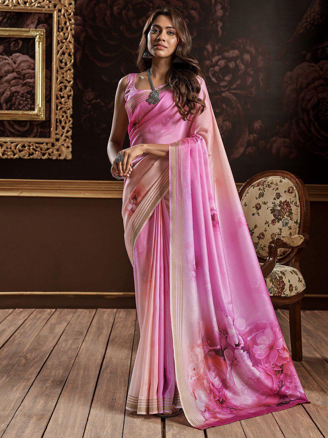 mitera pink floral printed zari silk cotton block print saree