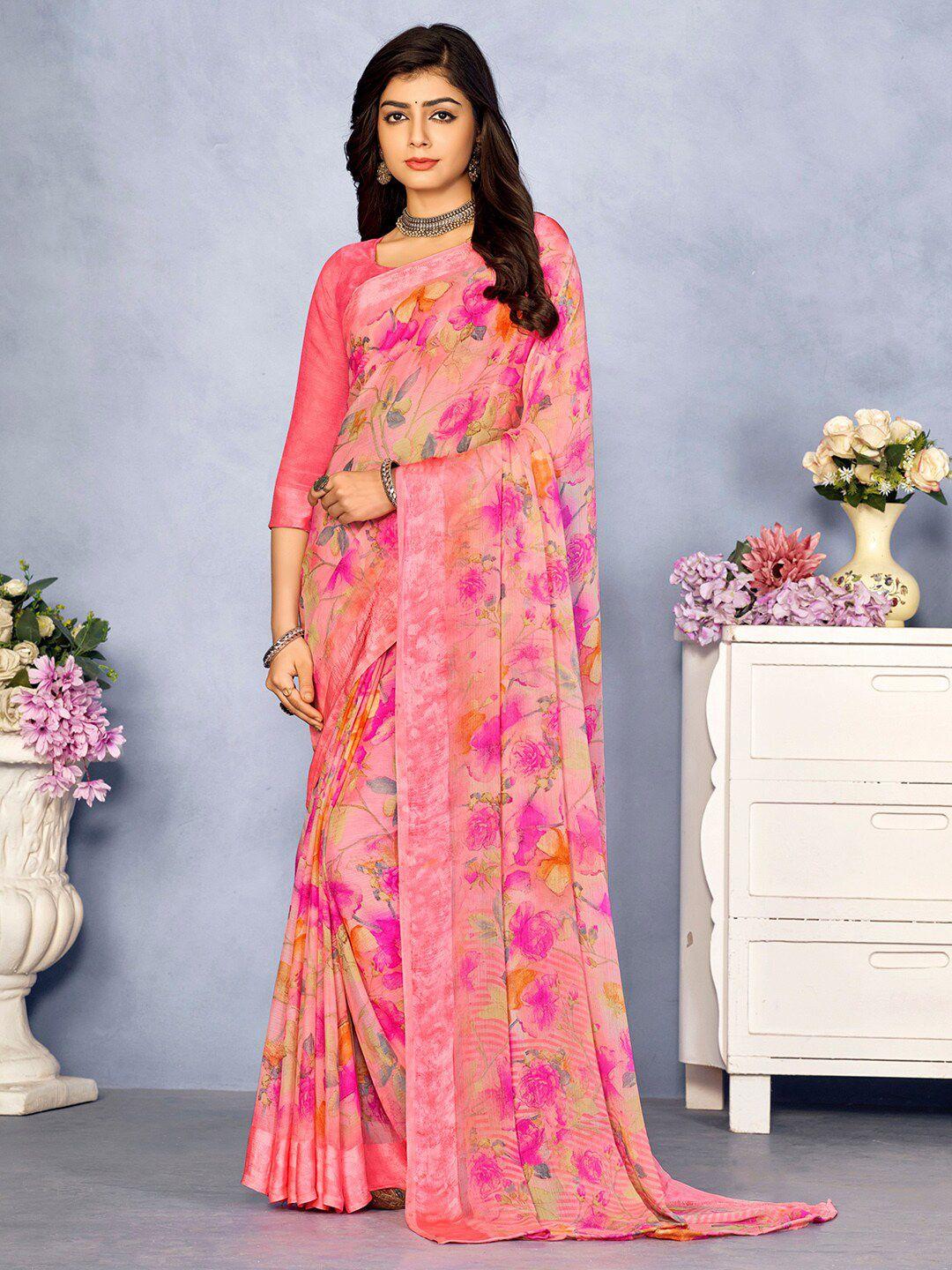 mitera pink floral pure chiffon designer bagru saree