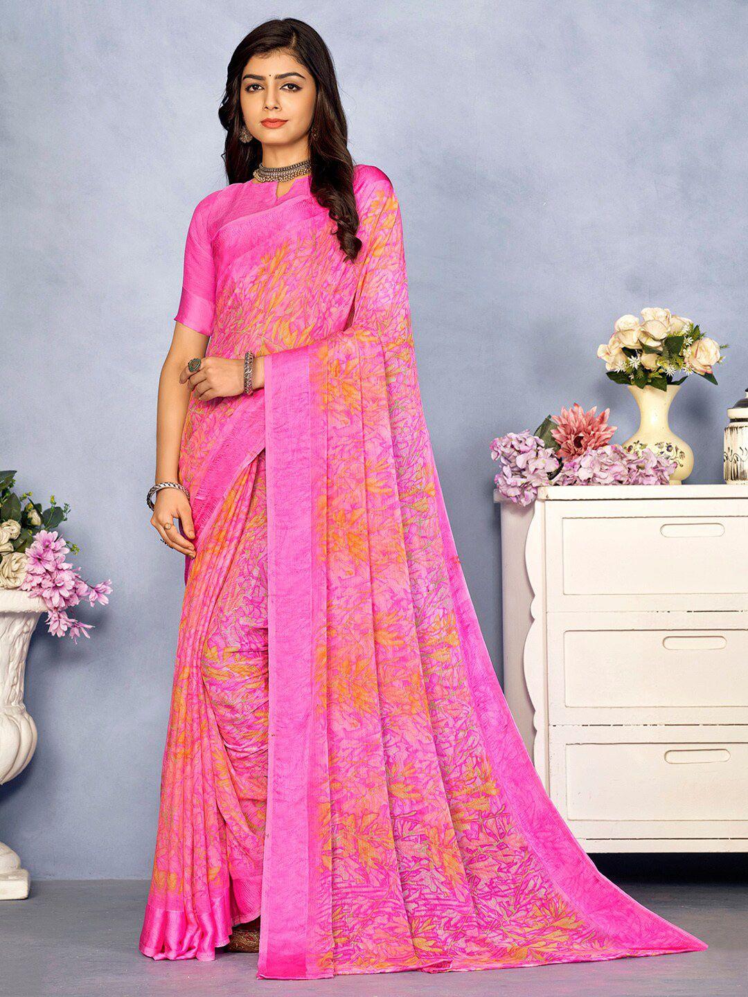 mitera pink floral pure chiffon designer bagru saree