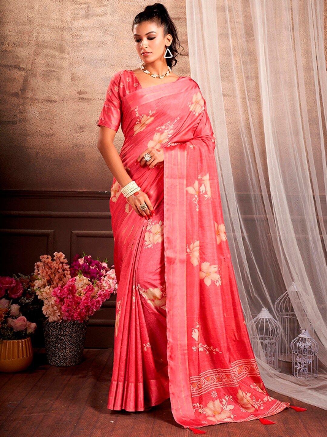 mitera pink floral silk blend designer bagru saree