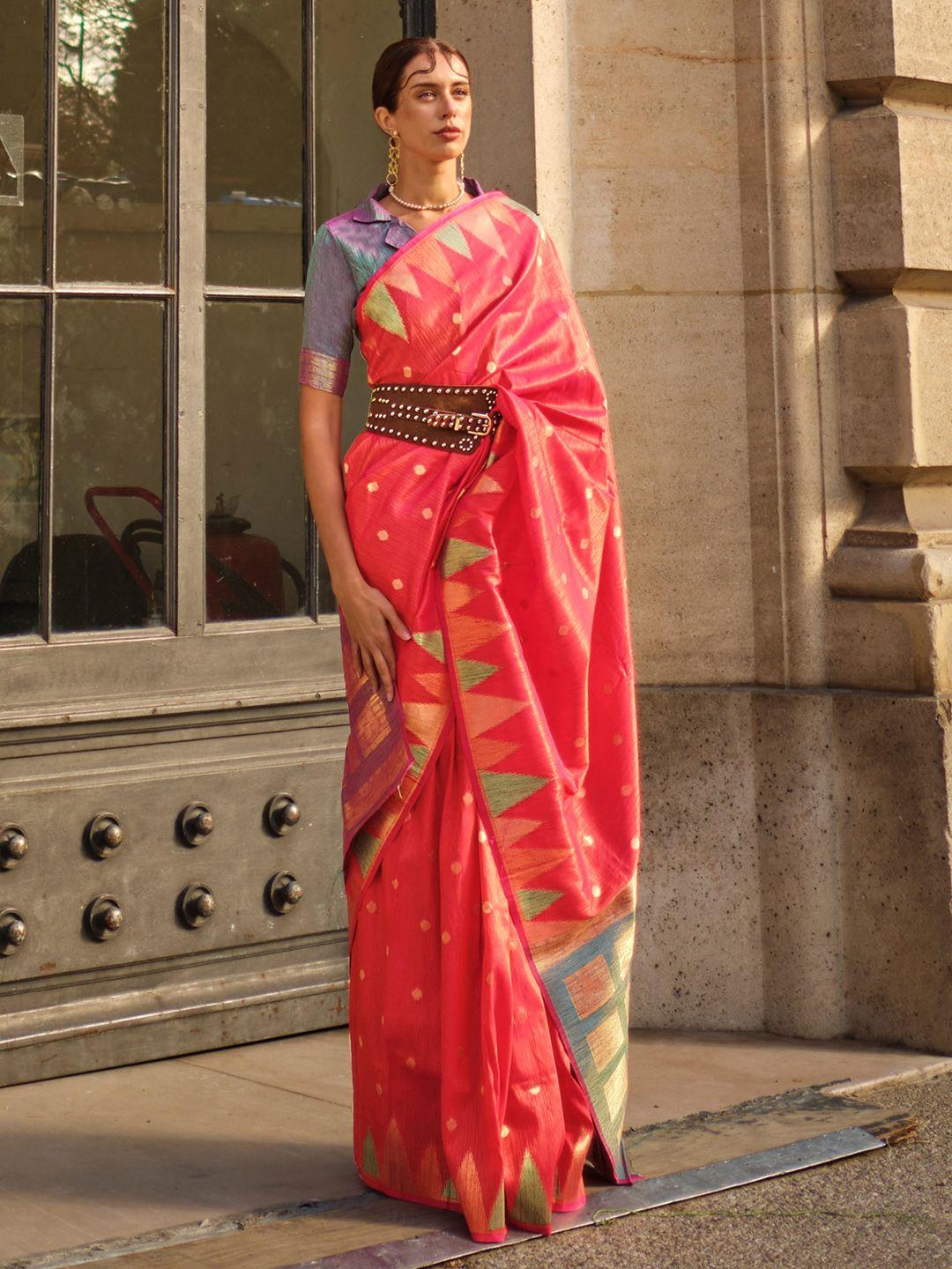 mitera pink geometric woven design zari detailed saree