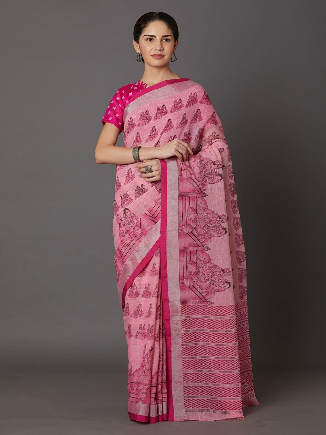 mitera pink silk blend printed kanjeevaram saree