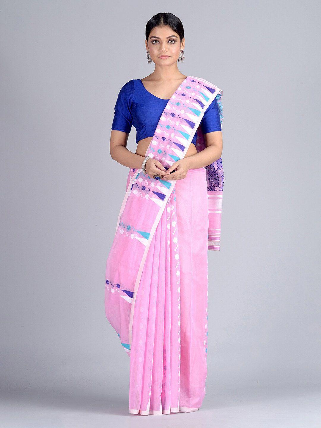 mitera pink silk cotton printed jamdani saree