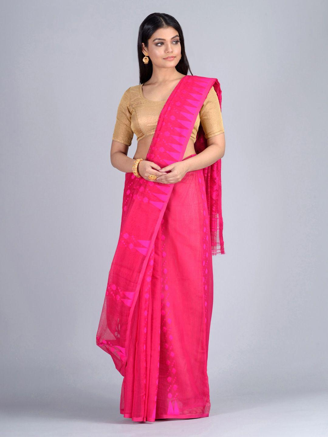 mitera pink silk cotton woven design jamdani saree