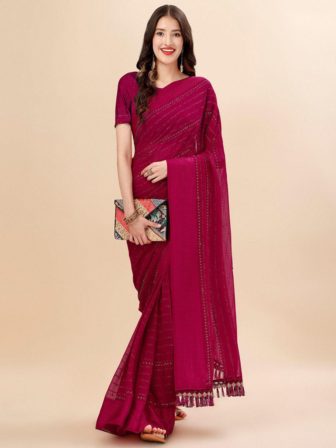 mitera pink striped beads and stones pure chiffon saree