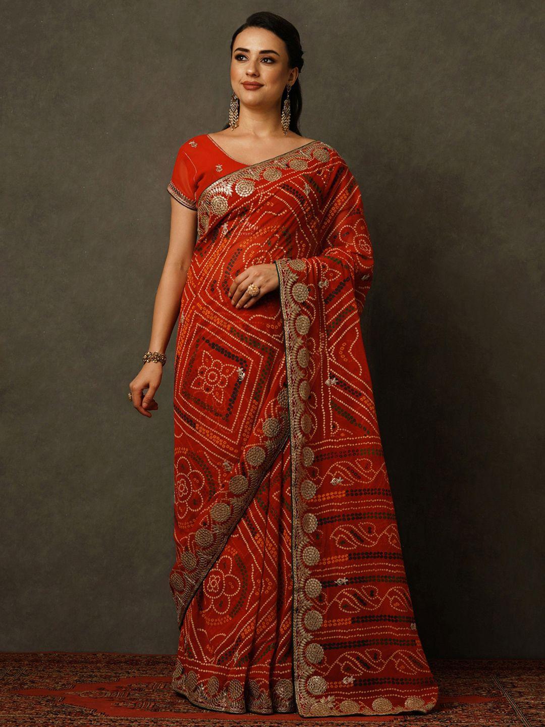 mitera printed pure georgette bandhani saree