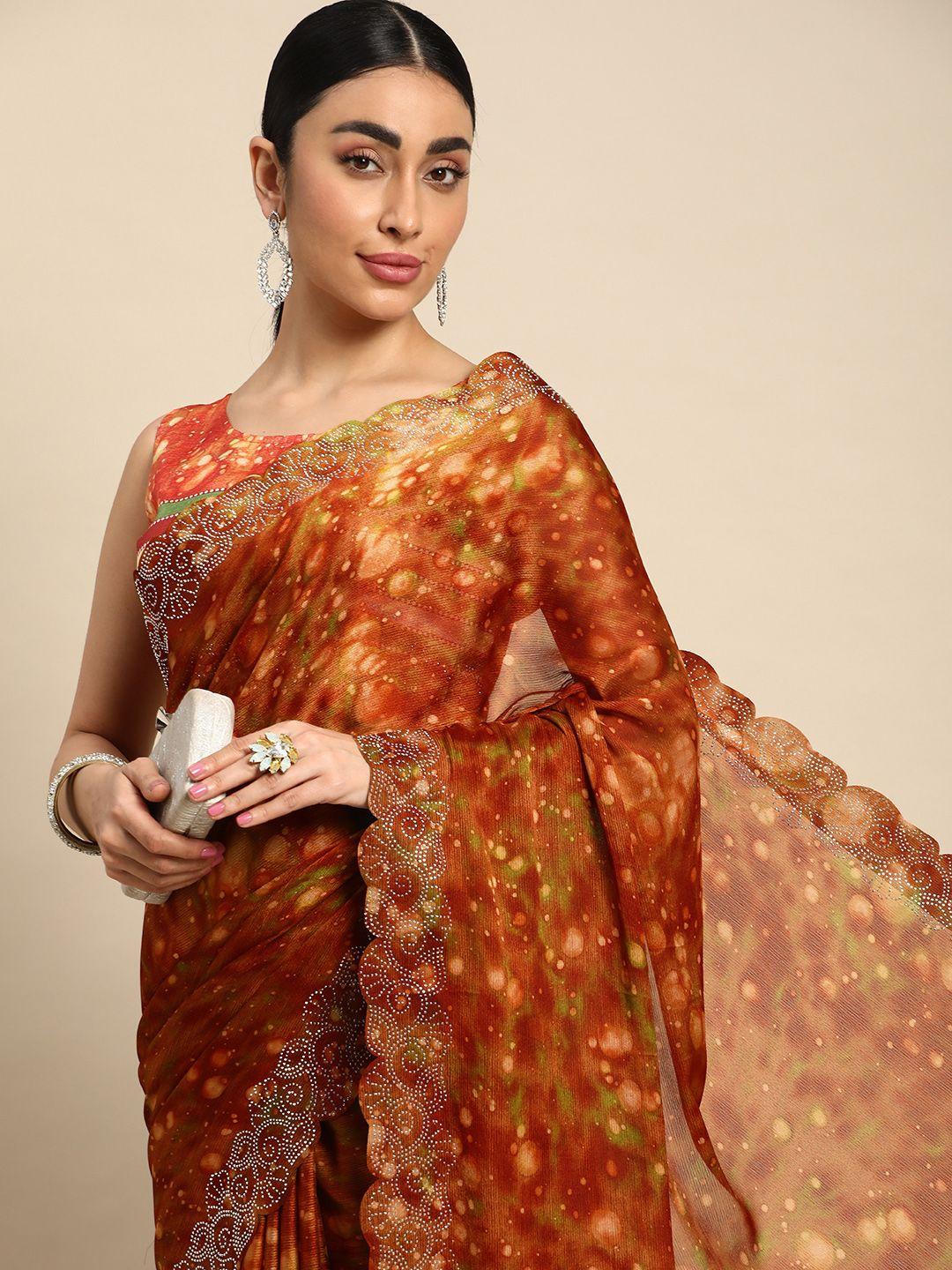 mitera printed stones-studded pure chiffon saree