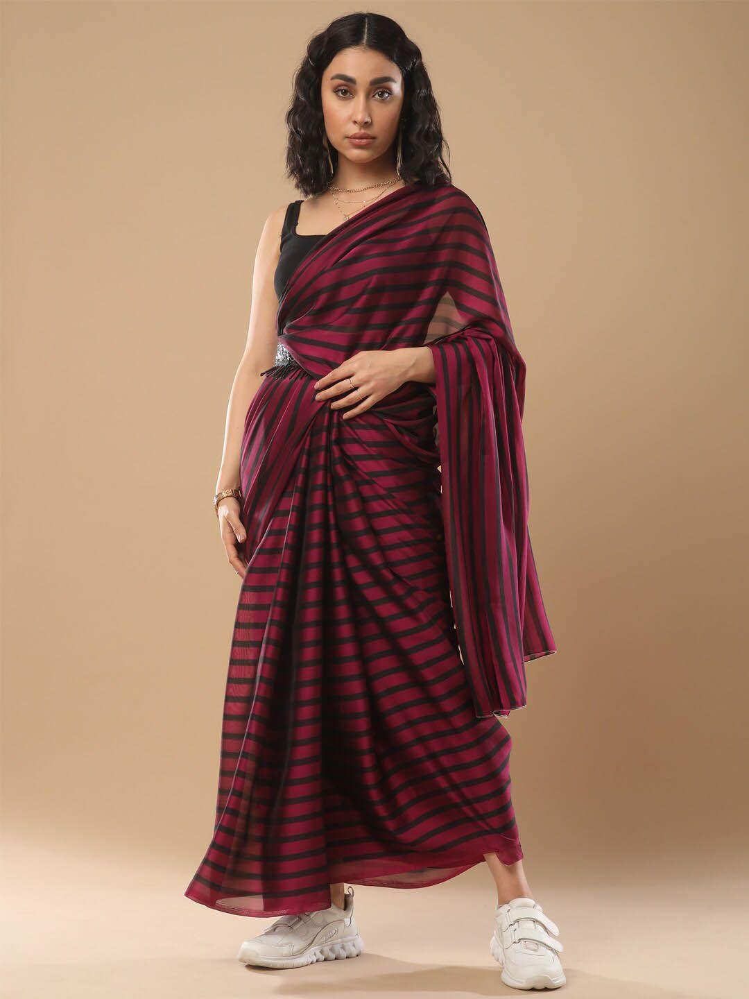 mitera purple & black striped pure georgette saree